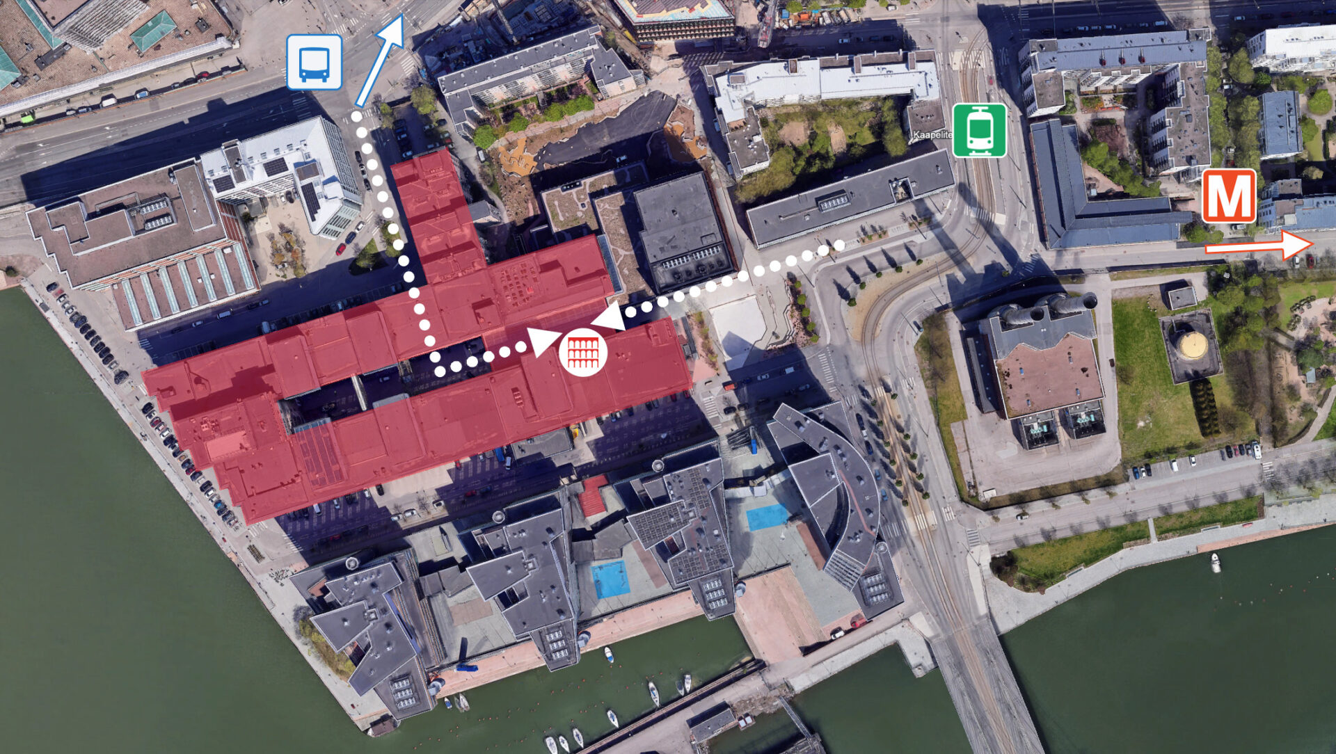 Alueen ilmakuva, johon on merkitty kulkureitit Teatterimuseoon.